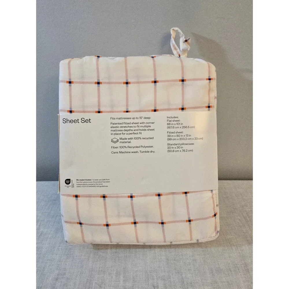 Room Essentials Sheet Set Pink Grid Plaid Microfiber Twin XL New